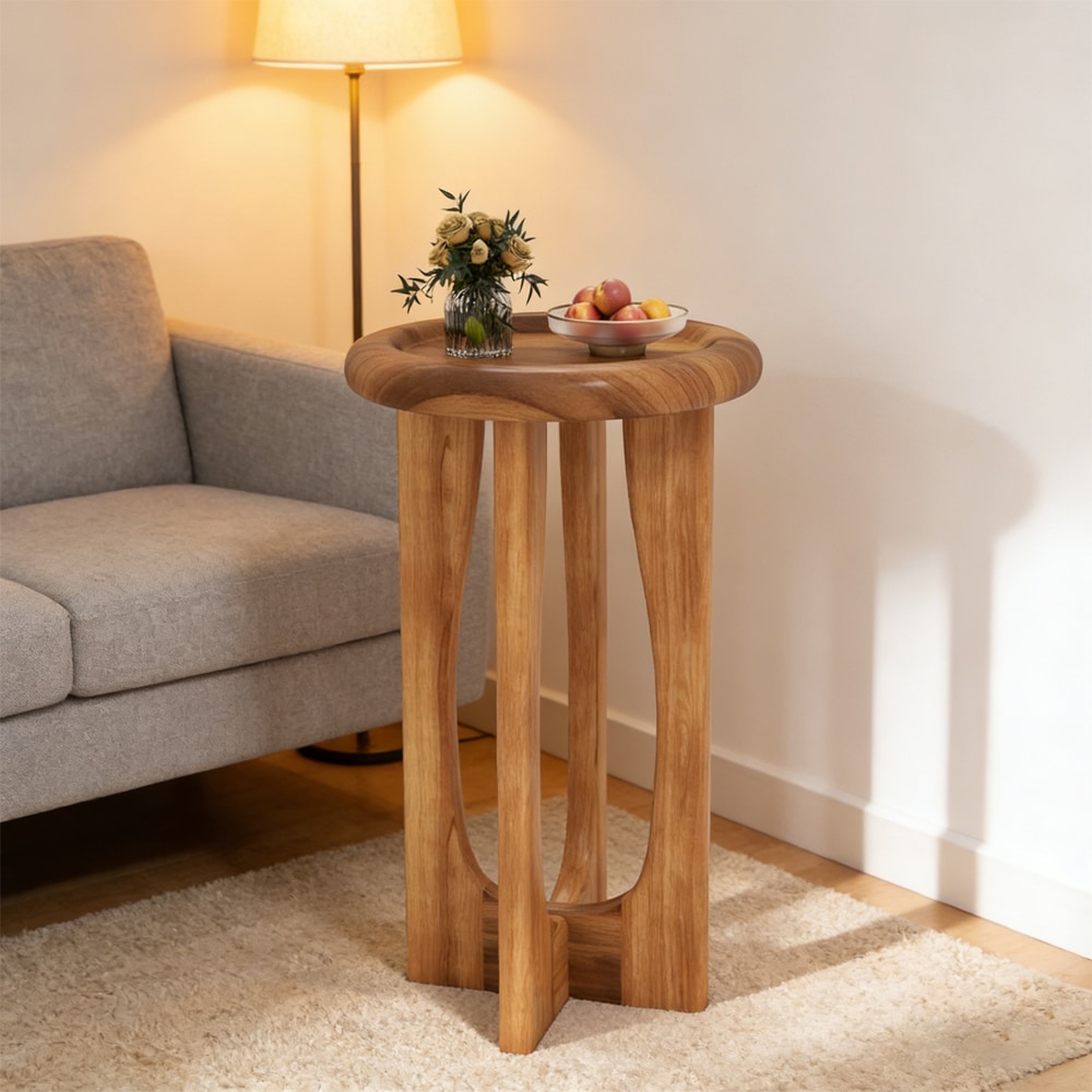 14 Inch Farmhouse End Table With Round Tray Top And Wood Cross Legs Solid Mahogany Wood_maomaolike.com